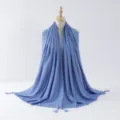 Close-up detail of blue beaded tassel scarf with silver wire rolled edge for everyday wear. - 3#