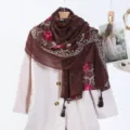 Dark brown rhinestone embroidered tassel scarf large cotton linen shawl for travel daily wear. - Style 1 (Dark Brown)