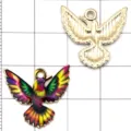 Detailed view of colorful enamel hummingbird and gold metal pendant charms for DIY jewelry making. - Spreading Wings Hummingbird (27614) / Colorful Enamel Hummingbird Pendant (KC Gold)