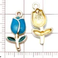Pendentifs breloques tulipe en alliage émail bleu pour accessoires de bijoux DIY bracelet. - Rose et Tulipe Saupoudrées d'Or / 1 Pièce (22x11x3mm) / Bleu