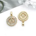Close-up detail of gold-plated round letter pendant with sparkling crystal jewelry accessory. - Round Rhinestone Letter A Pendant (16162-A) / 1 Piece (15x21mm) / KC Gold
