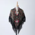 Women black ethnic floral print shawl autumn winter warm fringe square scarf elegant accessory - 12#
