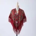 Red ethnic floral printed square scarf with delicate fringe, stylish retro shawl wrap for women. - 3#