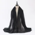 Black crinkled gauze cotton linen scarf shawl for women, lightweight solid color wrap. - Black