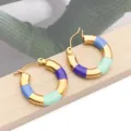 Stainless steel colorful enamel hoop earrings, stylish bamboo geometric design variant. - Blue