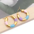Stainless steel colorful oil drop round hoop earrings, stylish multi-color accessories. - Pink Purple