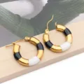 Stainless steel gold plated colorful oil drop bamboo hoop earrings for women fashion jewelry. - Black and White