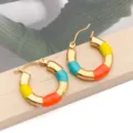 Stainless steel colorful oil drop bamboo hoop earrings variant view, perfect daily fashion accessory. - Orange