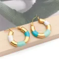 Stainless Steel Colorful Enamel Hoop Earrings Gold Plated Round Ear Buckle Variant - Blue & White