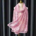 Women fashion pink lace hijab scarf variant, elegant floral hollow out long head cover. - Pink