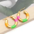 Colorful enamel stainless steel hoop earrings, multi-color bamboo design jewelry accessory. - Orange