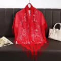 Red lace shawl scarf with fringe hollow out triangle breathable cape for women daily fashion. - Red