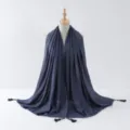 Dark blue metallic thread hijab scarf with elegant tassels and rolled edges for women. - Style 1