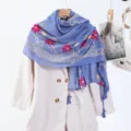 Blue floral embroidered scarf shawl with hot-fix rhinestones, tassels, and elegant design. - Style 4 (Blue)