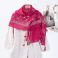 Rose red embroidered tassel scarf with rhinestones and geometric border shawl for women - Style 3 (Rose Red)