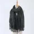 Women's dark gray cotton linen crinkle fringe scarf fashion winter warm shawl wrap. - 2#