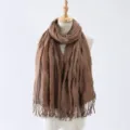 Women solid brown crinkled scarf with fringe tassel, elegant autumn winter fashion neckerchief - 4#