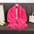 Solid color pink imitation cashmere tassel scarf long winter warm shawl wrap versatile fashion - Hot Pink