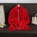 Solid red long tassel scarf for women, cozy winter warm cashmere feel wrap shawl. - Bright Red