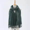 Dark green wrinkled linen scarf with fringe, stylish versatile shawl for women autumn winter. - 6#