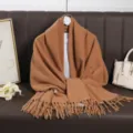 Solid color imitation cashmere long scarf for women, cozy winter tassel neckerchief warm wrap - Caramel color