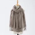 Taupe crinkled fringe scarf, stylish autumn winter cotton linen neckerchief for women. - 9#