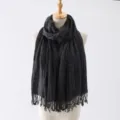 Women winter dark gray crinkled cotton linen scarf with tassel stylish fashion neck warmer shawl. - 10#