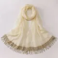 Beige chiffon hijab scarf with elegant sequin tassel fringe, lightweight long headscarf. - A04