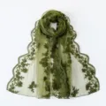 Close-up of olive green lace embroidery details, elegant floral pattern, vintage design scarf. - Green
