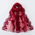 Detail view of the elegant wine red lace embroidered scarf, featuring delicate floral patterns. - 2# Red