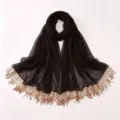 Elegant black chiffon long scarf with sparkling sequins, beads and chic fringe details. - A09