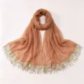 Elegant women chiffon hijab scarf with shimmering gold sequins and delicate fringe tassels. - A11