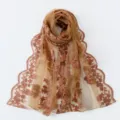 Detail view of vintage French lace embroidered floral scarf, sheer shawl with scalloped edge. - Coffee
