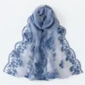 Detailed shot of a French vintage blue floral lace embroidered scarf, elegant shawl. - 7# Sea Blue