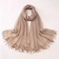 Chiffon sequin tassel hijab scarf in light khaki, delicate sparkling edge detail. - A14