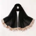 Details of black chiffon scarf with gold sequin and tassel trim, elegant fringe detail view. - For A16