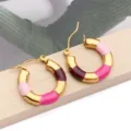 Stainless steel colorful enamel bamboo hoop earrings, stylish DIY fashion jewelry accessories. - Pink