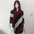 Autumn winter hooded striped metallic tassel women poncho shawl casual sleeveless wrap - 80-100cm / Wine Red