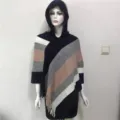 Women's hooded knitted striped tassel poncho cape, warm sleeveless winter outer shawl. - 80-100cm / Navy Pink