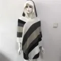 Women knit hooded striped fringe poncho cape winter warm sleeveless shawl casual outerwear - 80-100cm / White