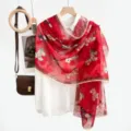 Summer red printed hollow scarf shawl for women, lightweight sun protection silk accessory. - 7#