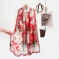 Elegant red floral silk scarf summer sun protection shawl lightweight breathable women scarf - 9#