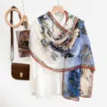 Chinese style floral print chiffon scarf, elegant blue and white summer sun protection shawl. - 12#