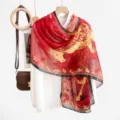 Elegant red Chinese style silk scarf featuring vintage golden horse pattern and lightweight shawl. - 13#