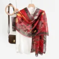 Elegant Chinese style red printed silk scarf lightweight sun protection shawl for women detail view - 15#