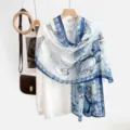 Summer blue and white printed silk scarf elegant shawl lightweight sun protection wrap - 16#