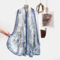 Elegant blue and white horse print silk scarf women sun protection shawl breathable wrap. - 19#