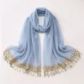 Light blue chiffon hijab scarf with gold sequin embroidery and tassel trim variation. - A05