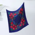 Exquisite detail view of retro floral print square scarf featuring vibrant peony patterns. - 15# Dark Blue