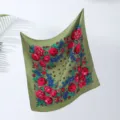 Vintage green peony floral print square scarf, ethnic style headscarf for women, detail. - 3# Green